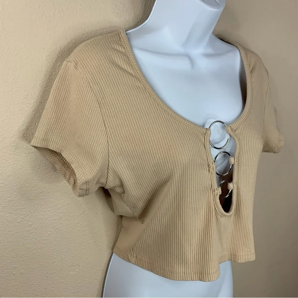 Faded Rose Beige Ribbed Short Sleeve Crop Top XL Stretch Y2k Style